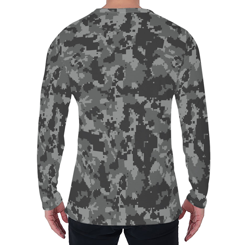 Grey Digital Camo Pattern Print Men's Long Sleeve T-Shirt