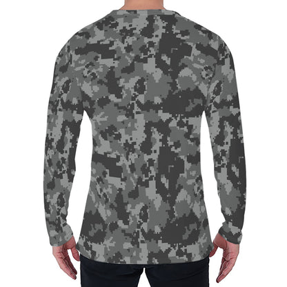 Grey Digital Camo Pattern Print Men's Long Sleeve T-Shirt