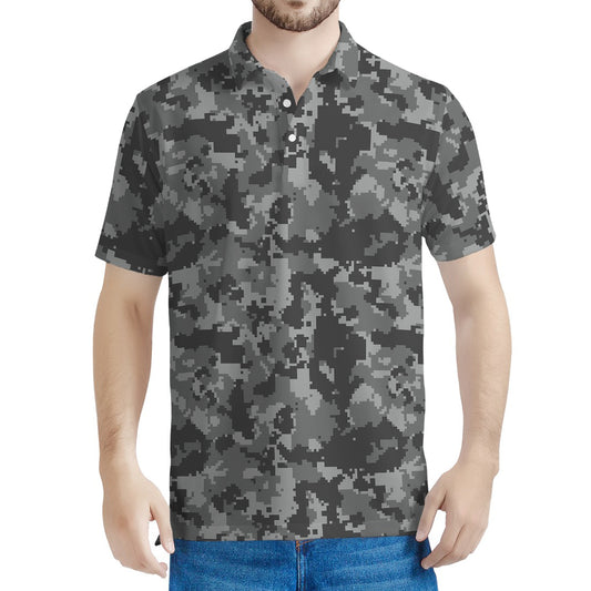Grey Digital Camo Pattern Print Men's Polo Shirt