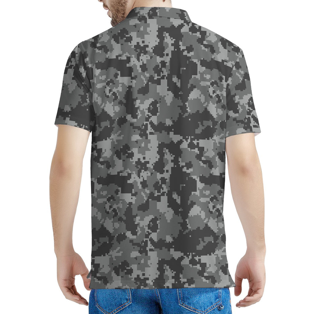 Grey Digital Camo Pattern Print Men's Polo Shirt