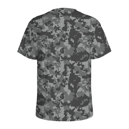 Grey Digital Camo Pattern Print Men's Sports T-Shirt