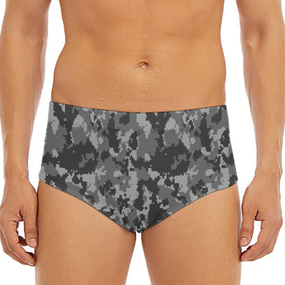 Grey Digital Camo Pattern Print Men's Triangle Swim Briefs