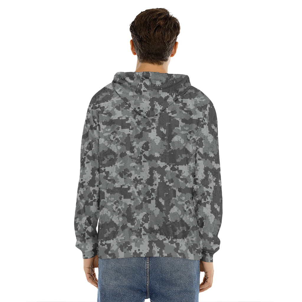 Grey Digital Camo Pattern Print Men's Velvet Pullover Hoodie