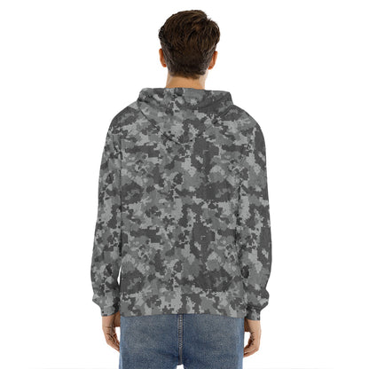 Grey Digital Camo Pattern Print Men's Velvet Pullover Hoodie