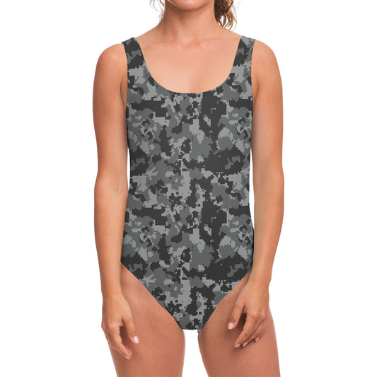 Grey Digital Camo Pattern Print One Piece Swimsuit