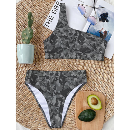 Grey Digital Camo Pattern Print One Shoulder Bikini Top