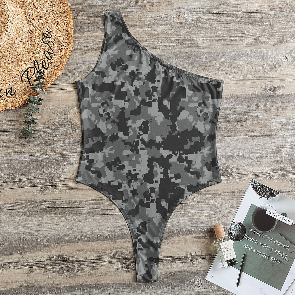 Grey Digital Camo Pattern Print One Shoulder Bodysuit