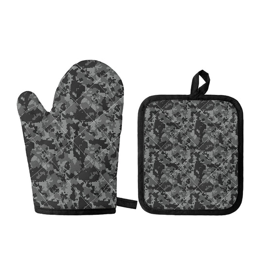 Grey Digital Camo Pattern Print Oven Mitt And Pot Holder Set
