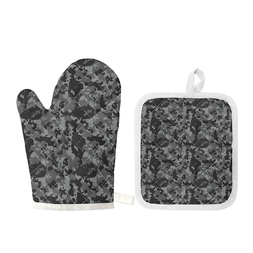 Grey Digital Camo Pattern Print Oven Mitt And Pot Holder Set
