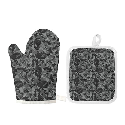 Grey Digital Camo Pattern Print Oven Mitt And Pot Holder Set