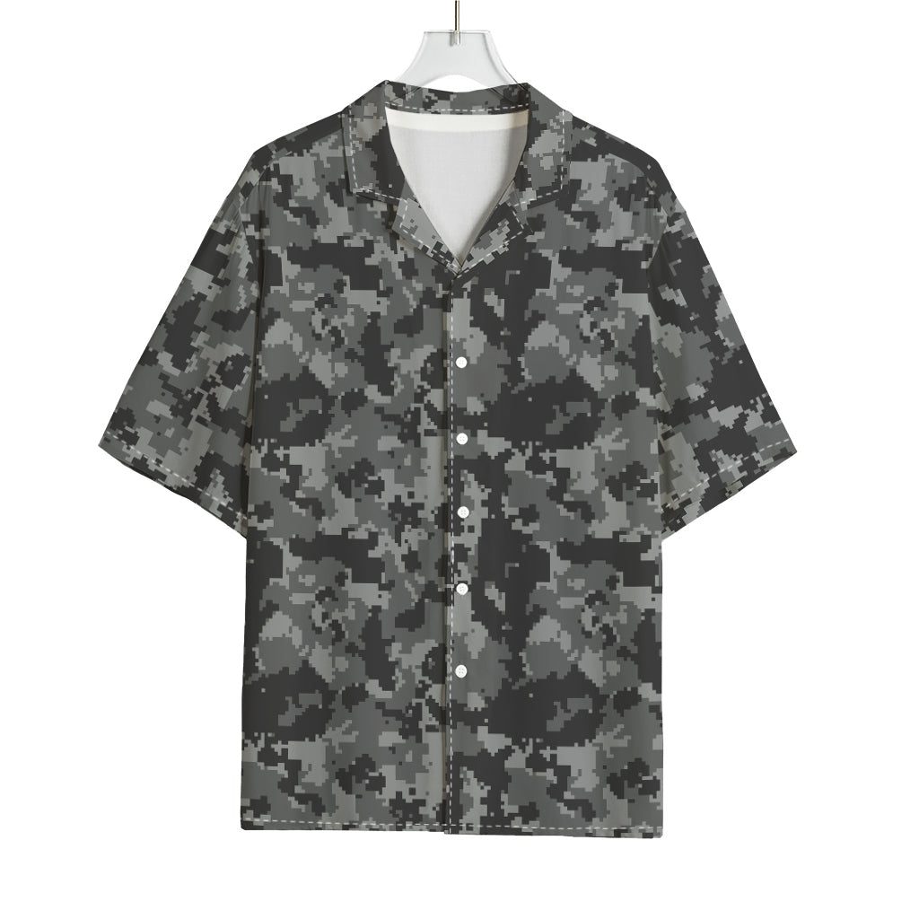 Grey Digital Camo Pattern Print Rayon Hawaiian Shirt