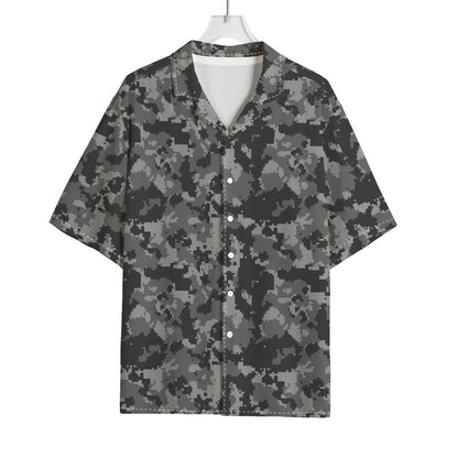 Grey Digital Camo Pattern Print Rayon Hawaiian Shirt