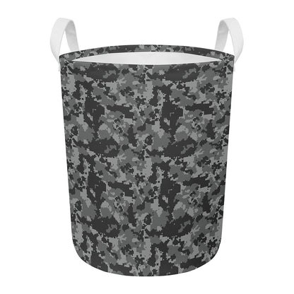 Grey Digital Camo Pattern Print Round Laundry Basket