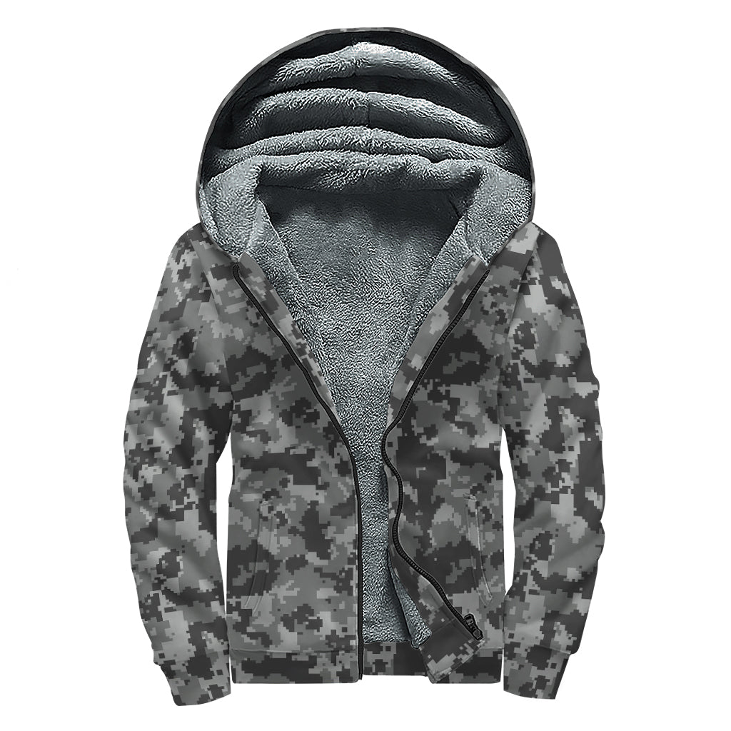 Grey Digital Camo Pattern Print Sherpa Lined Zip Up Hoodie
