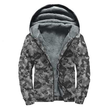 Grey Digital Camo Pattern Print Sherpa Lined Zip Up Hoodie