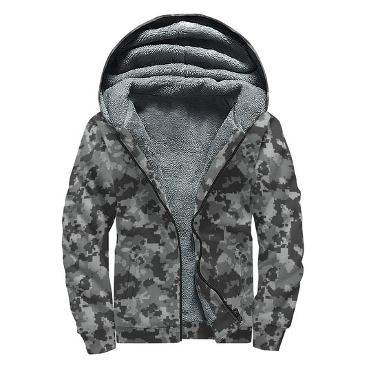 Grey Digital Camo Pattern Print Sherpa Lined Zip Up Hoodie