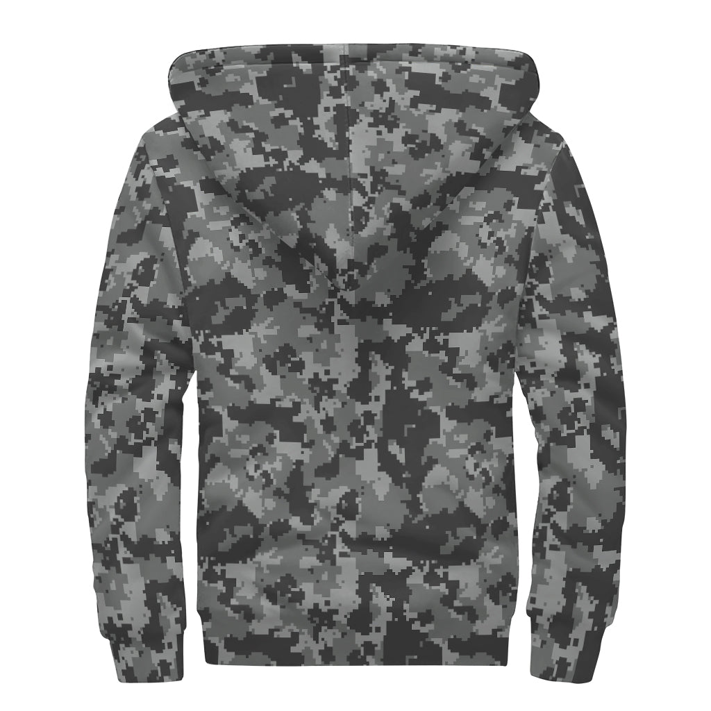 Grey Digital Camo Pattern Print Sherpa Lined Zip Up Hoodie
