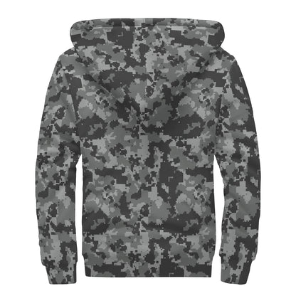 Grey Digital Camo Pattern Print Sherpa Lined Zip Up Hoodie