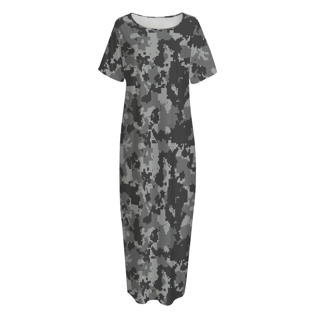 Grey Digital Camo Pattern Print Short Sleeve Long Nightdress