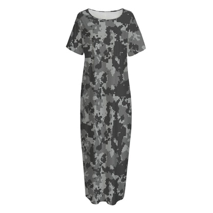 Grey Digital Camo Pattern Print Short Sleeve Long Nightdress