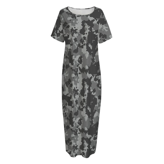 Grey Digital Camo Pattern Print Short Sleeve Long Nightdress