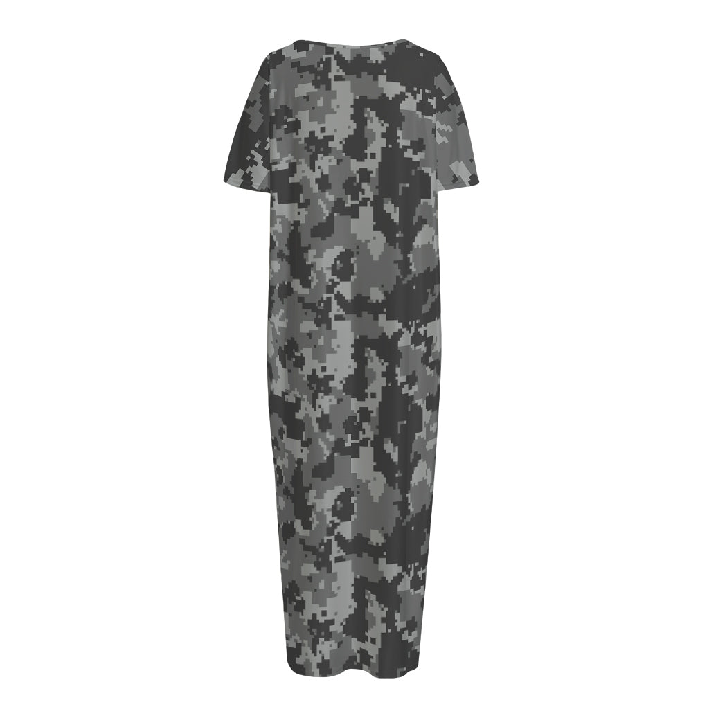 Grey Digital Camo Pattern Print Short Sleeve Long Nightdress