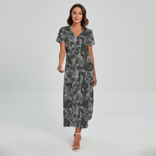 Grey Digital Camo Pattern Print Short Sleeve Maxi Dress