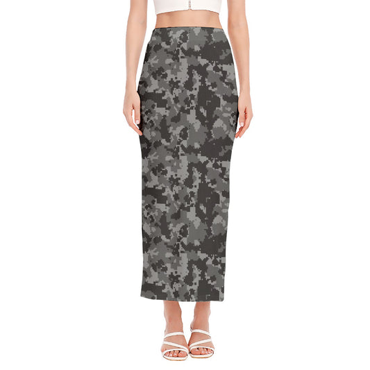 Grey Digital Camo Pattern Print Side Slit Maxi Skirt