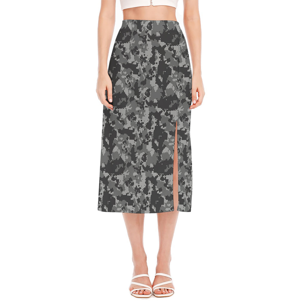 Grey Digital Camo Pattern Print Side Slit Midi Skirt