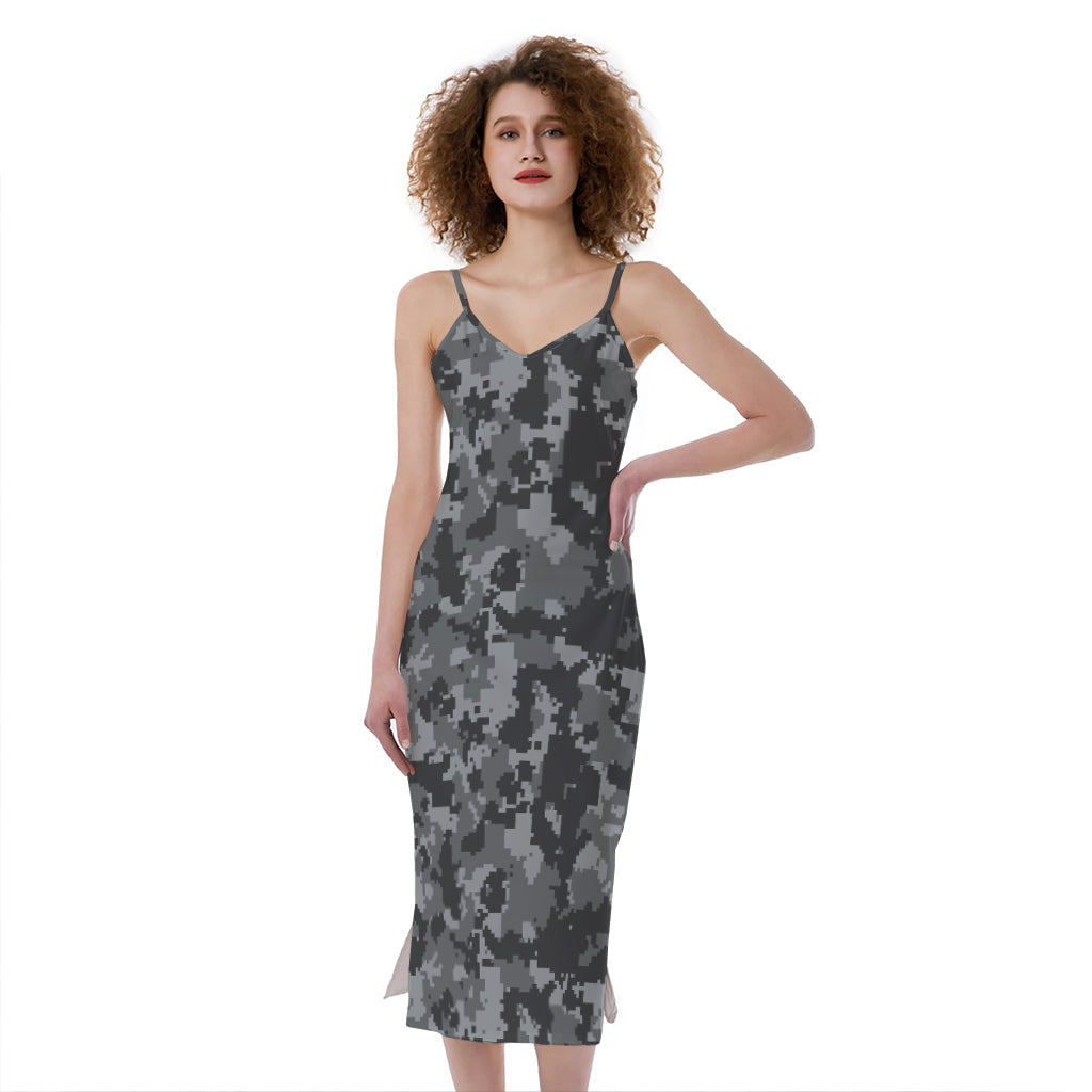 Grey Digital Camo Pattern Print Slim Fit Midi Cami Dress