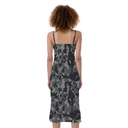 Grey Digital Camo Pattern Print Slim Fit Midi Cami Dress