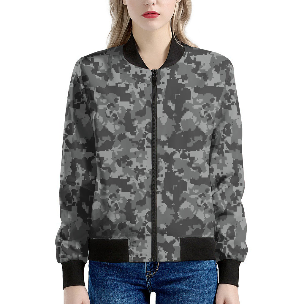 Grey Digital Camo Pattern Print Women's Bomber Jacket