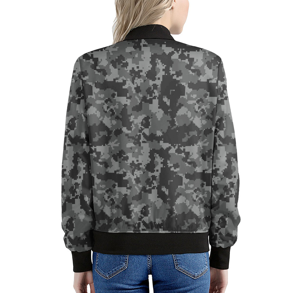 Grey Digital Camo Pattern Print Women's Bomber Jacket