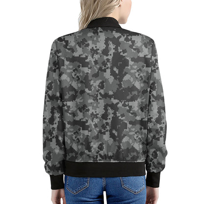 Grey Digital Camo Pattern Print Women's Bomber Jacket