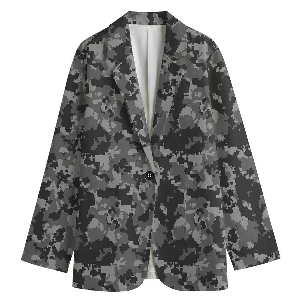 Grey Digital Camo Pattern Print Women's Cotton Blazer