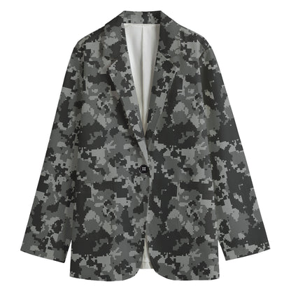 Grey Digital Camo Pattern Print Women's Cotton Blazer