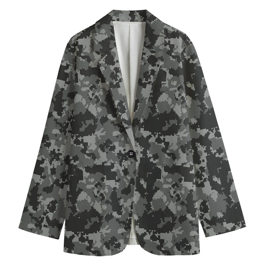 Grey Digital Camo Pattern Print Women's Cotton Blazer