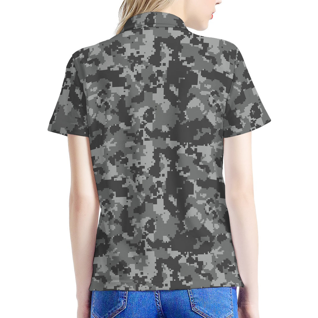 Grey Digital Camo Pattern Print Women's Polo Shirt