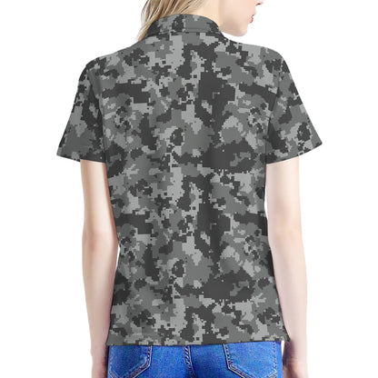 Grey Digital Camo Pattern Print Women's Polo Shirt