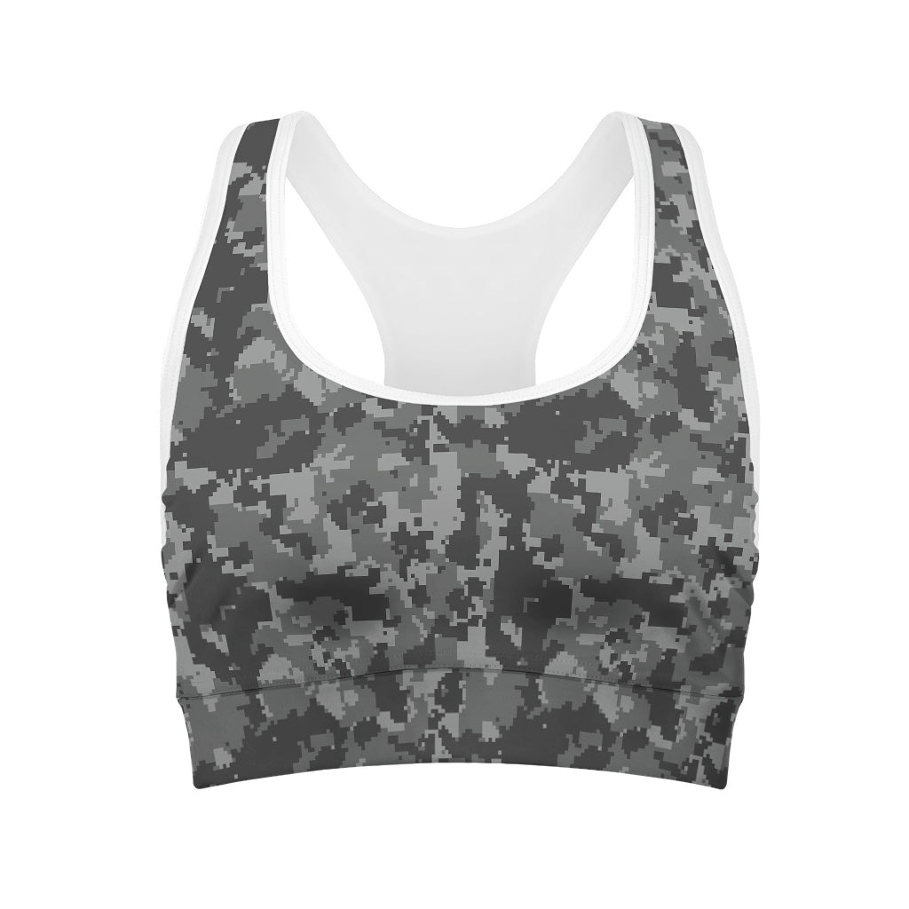 Grey Digital Camo Pattern Print Women's Sports Bra