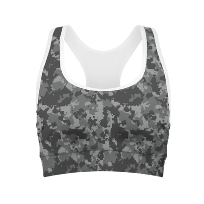 Grey Digital Camo Pattern Print Women's Sports Bra