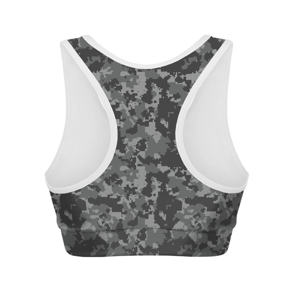 Grey Digital Camo Pattern Print Women's Sports Bra