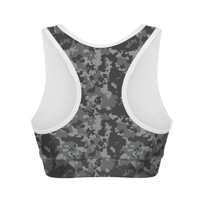 Grey Digital Camo Pattern Print Women's Sports Bra