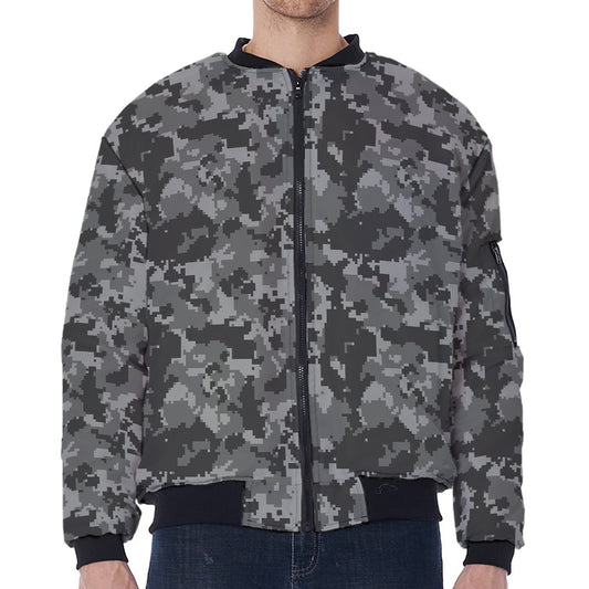 Grey Digital Camo Pattern Print Zip Sleeve Bomber Jacket