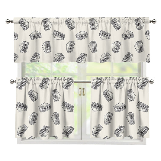 Grey Doodle Sandwich Pattern Print 3 Piece Kitchen Curtains