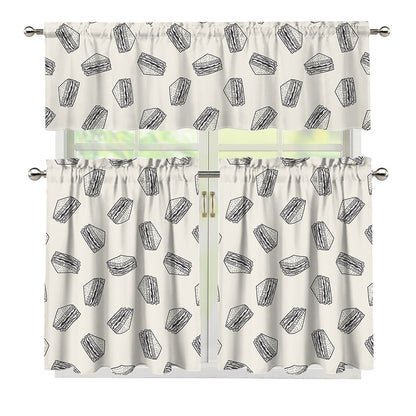 Grey Doodle Sandwich Pattern Print 3 Piece Kitchen Curtains