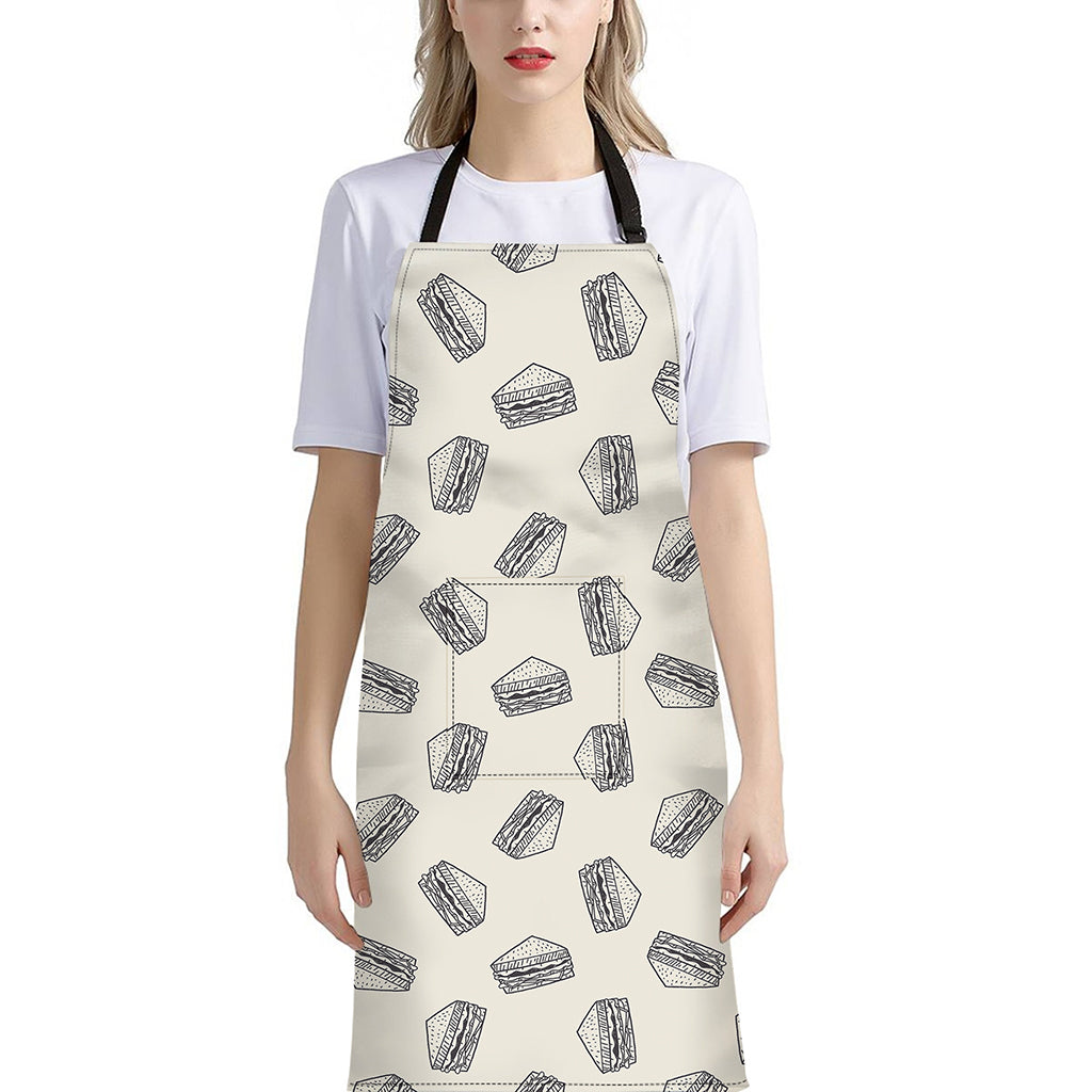 Grey Doodle Sandwich Pattern Print Bib Apron With Pocket
