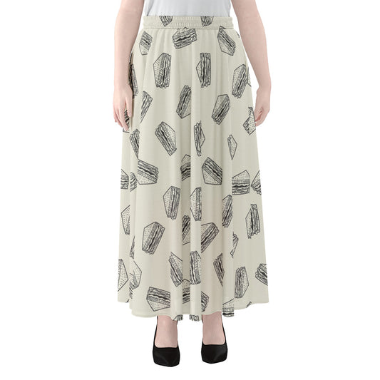 Grey Doodle Sandwich Pattern Print Chiffon Maxi Skirt