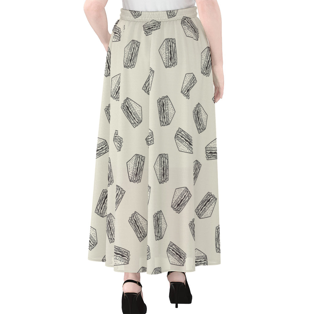 Grey Doodle Sandwich Pattern Print Chiffon Maxi Skirt