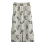 Grey Doodle Sandwich Pattern Print Cotton Front Slit Maxi Skirt
